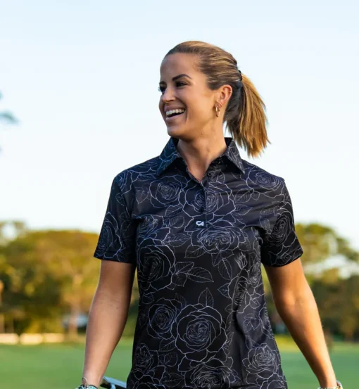 Custom Apparel Ladies Funky Golf Shirt - Black / White Roses